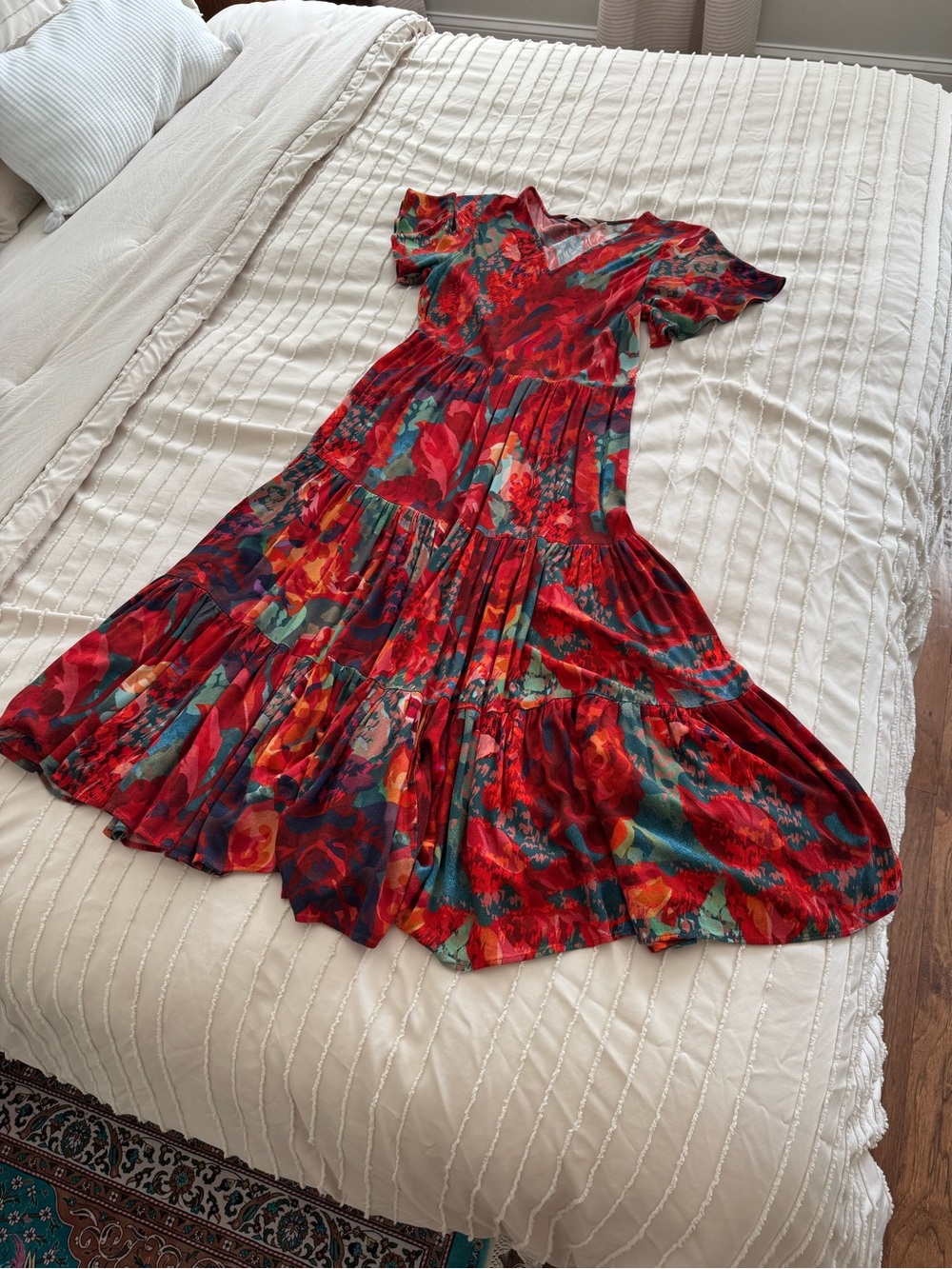 Soft Surroundings Red Floral V-Neck Tiered Maxi Dress
